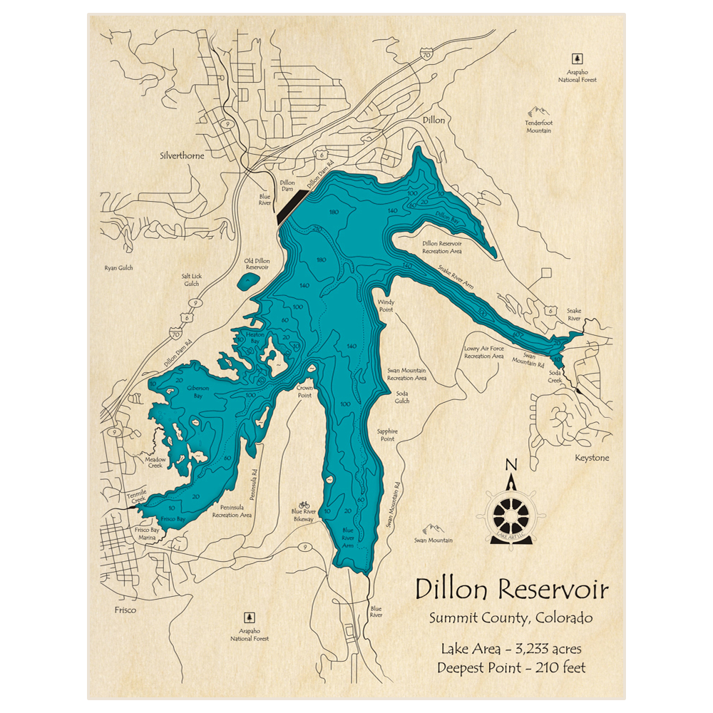 Bathymetric topo map of Dillon Reservoir with roads, towns and depths noted in blue water