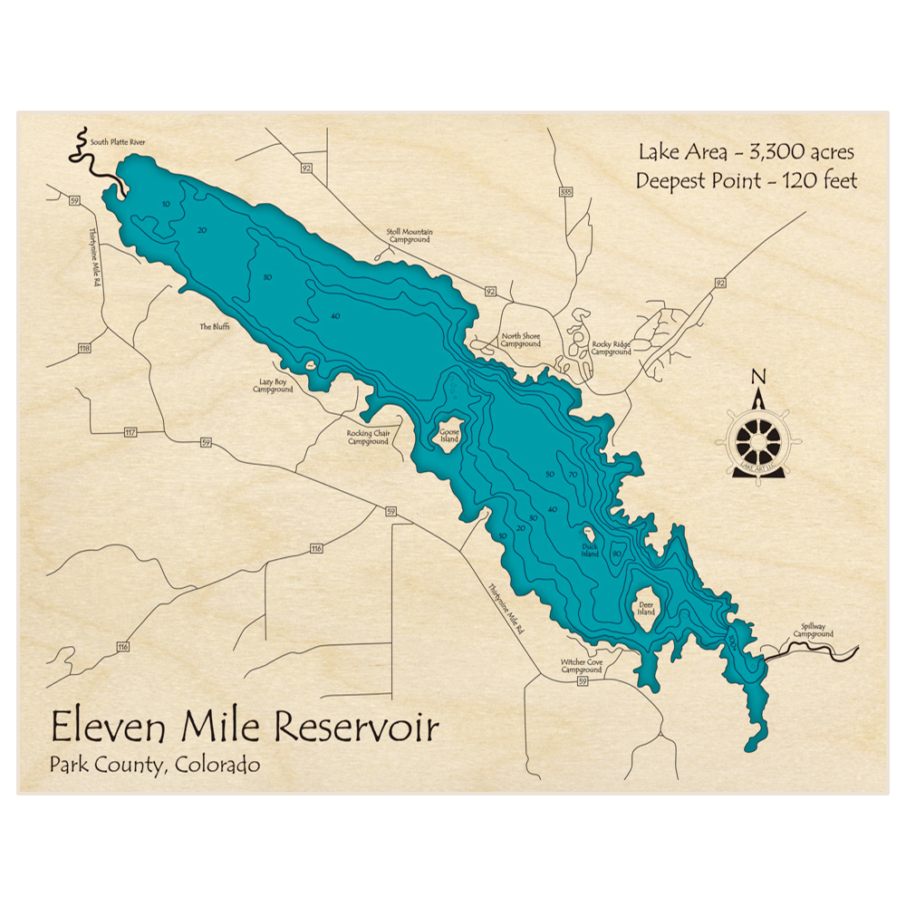 Bathymetric topo map of Eleven Mile Reservoir with roads, towns and depths noted in blue water