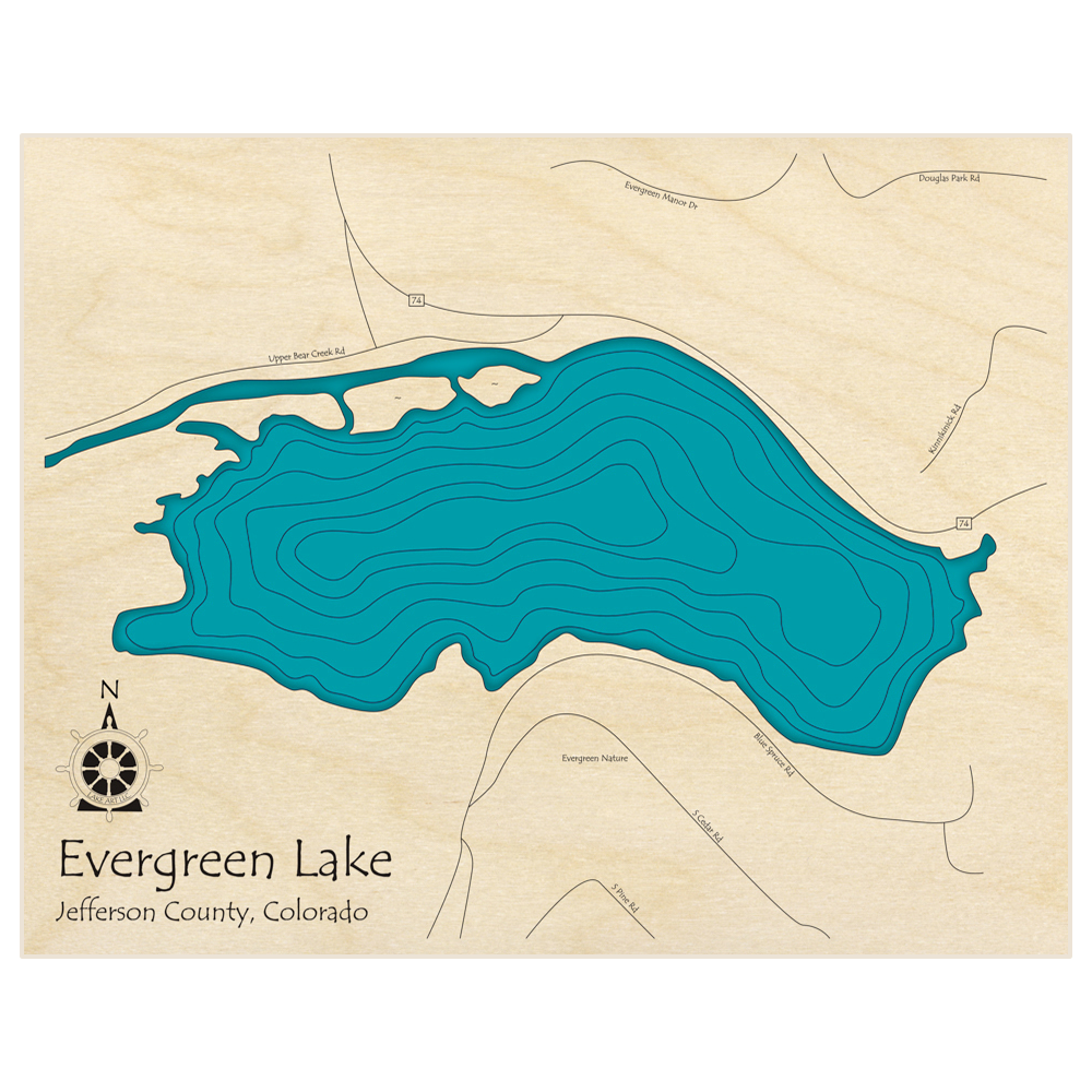 Bathymetric topo map of Evergreen Lake  with roads, towns and depths noted in blue water