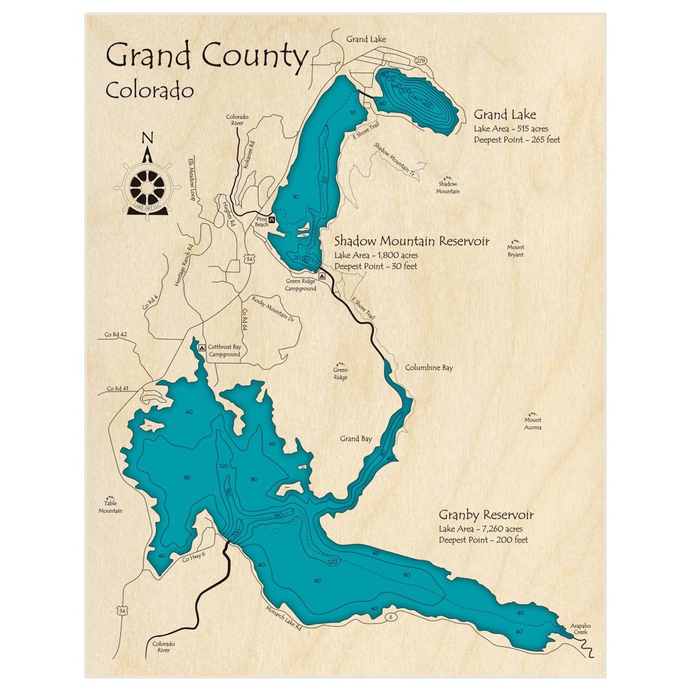 Bathymetric topo map of Grand County Lakes (With Grand Shadow Mountain and Granby) with roads, towns and depths noted in blue water