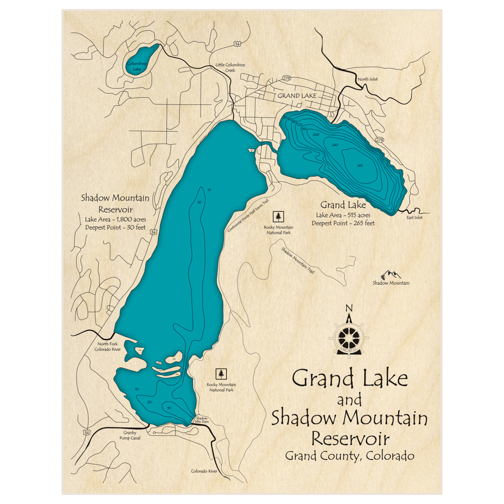 Bathymetric topo map of Grand Lake and Shadow Mountain Reservoir with roads, towns and depths noted in blue water