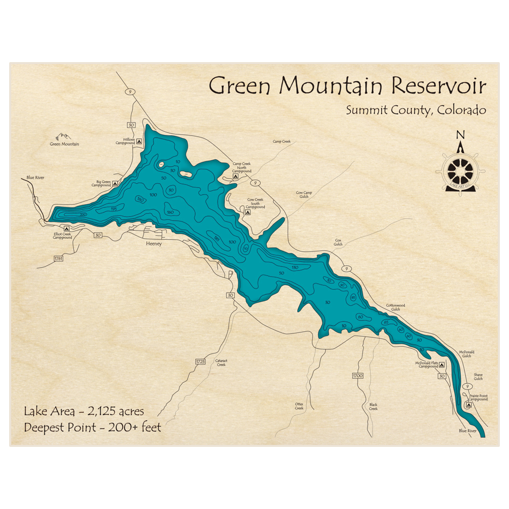 Bathymetric topo map of Green Mountain Reservoir with roads, towns and depths noted in blue water