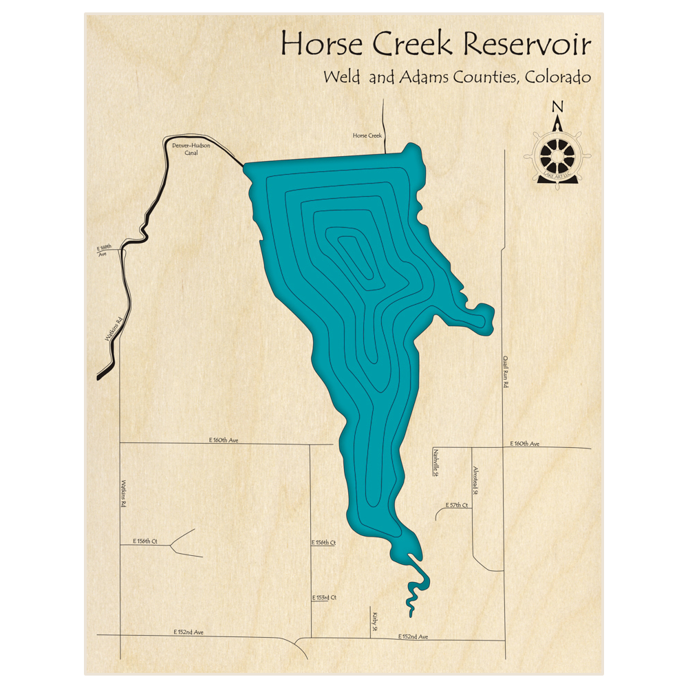 Bathymetric topo map of Horse Creek Reservoir with roads, towns and depths noted in blue water