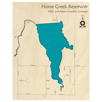 Bathymetric topo map of Horse Creek Reservoir with roads, towns and depths noted in blue water