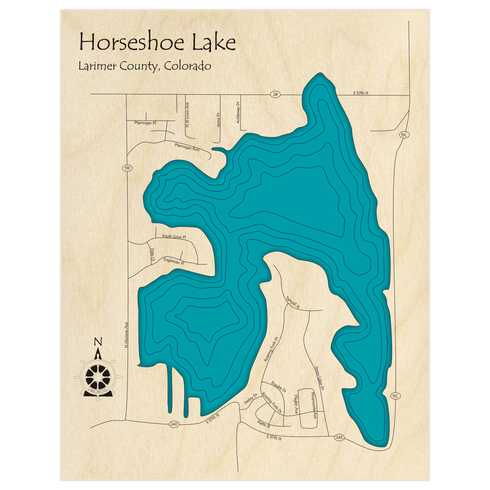 Bathymetric topo map of Horseshoe Lake  with roads, towns and depths noted in blue water