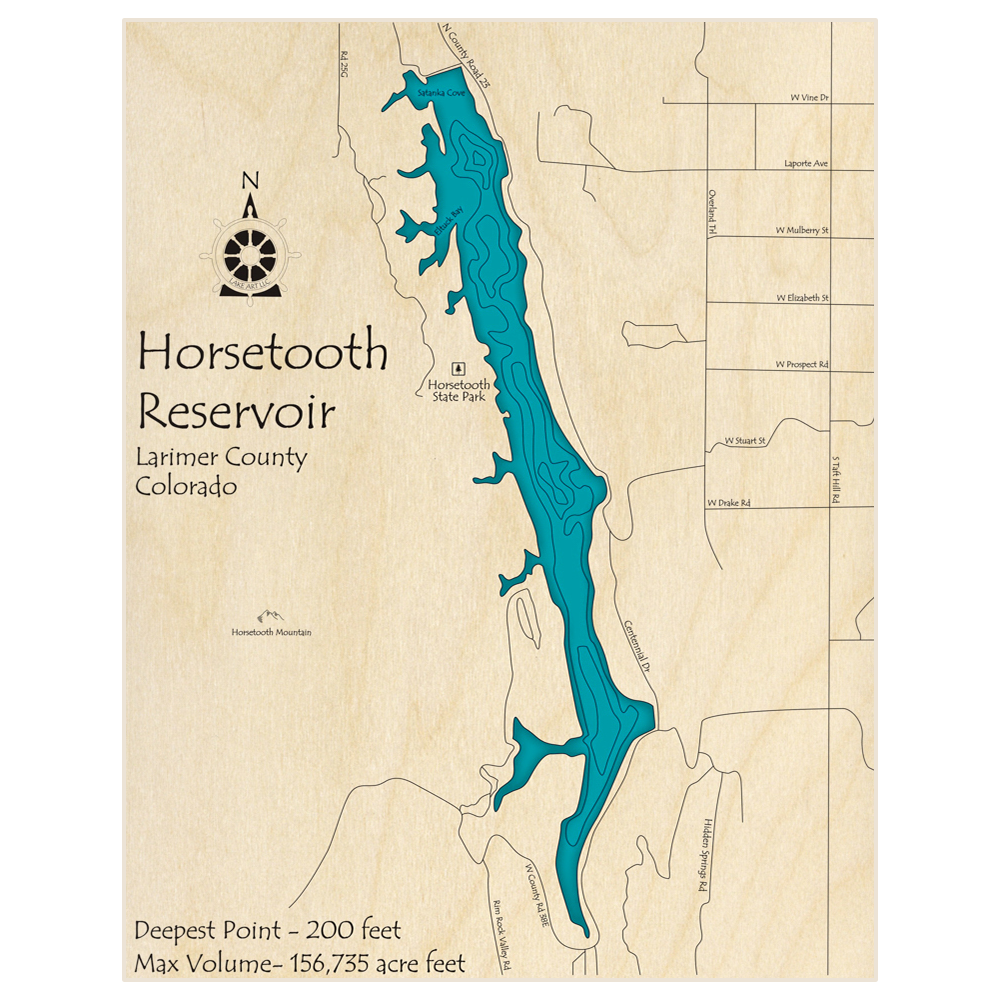 Bathymetric topo map of Horsetooth Reservoir  with roads, towns and depths noted in blue water