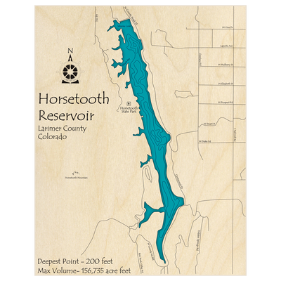 Bathymetric topo map of Horsetooth Reservoir  with roads, towns and depths noted in blue water
