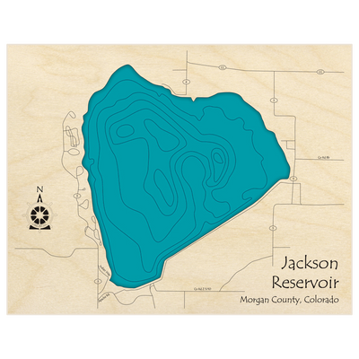 Bathymetric topo map of Jackson Reservoir  with roads, towns and depths noted in blue water