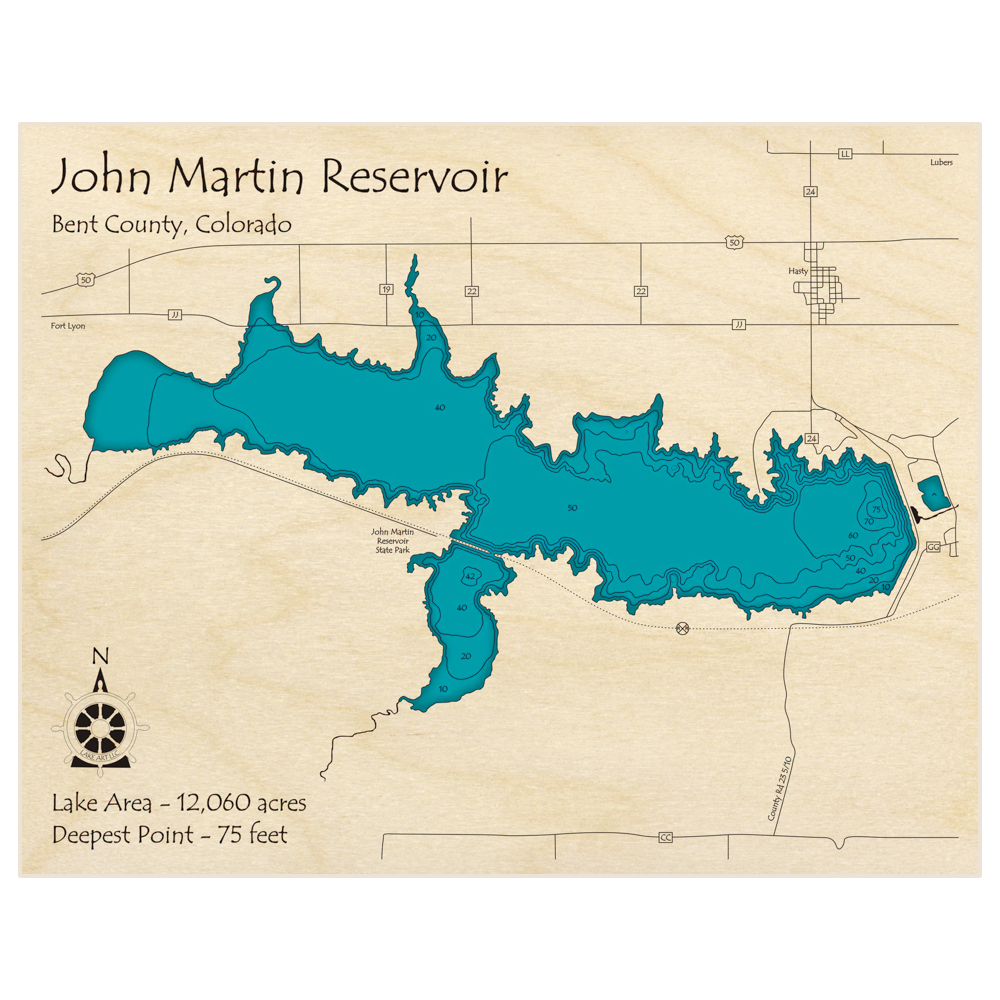 Bathymetric topo map of John Martin Reservoir with roads, towns and depths noted in blue water