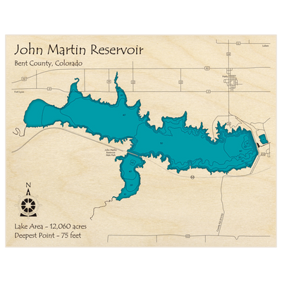 Bathymetric topo map of John Martin Reservoir with roads, towns and depths noted in blue water