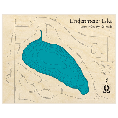 Bathymetric topo map of Lindenmeier Lake  with roads, towns and depths noted in blue water