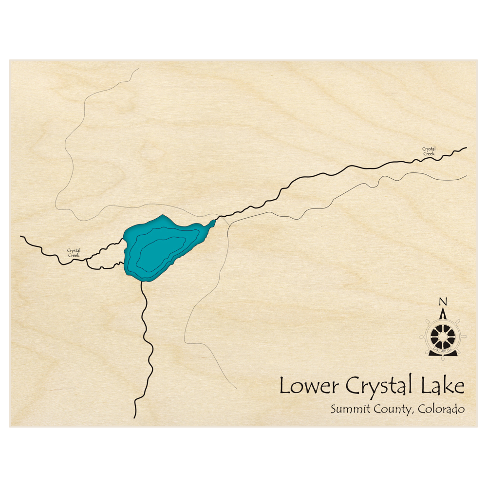 Bathymetric topo map of Lower Crystal Lake with roads, towns and depths noted in blue water