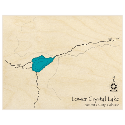 Bathymetric topo map of Lower Crystal Lake with roads, towns and depths noted in blue water