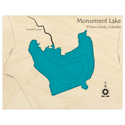 Bathymetric topo map of Monument Lake  with roads, towns and depths noted in blue water