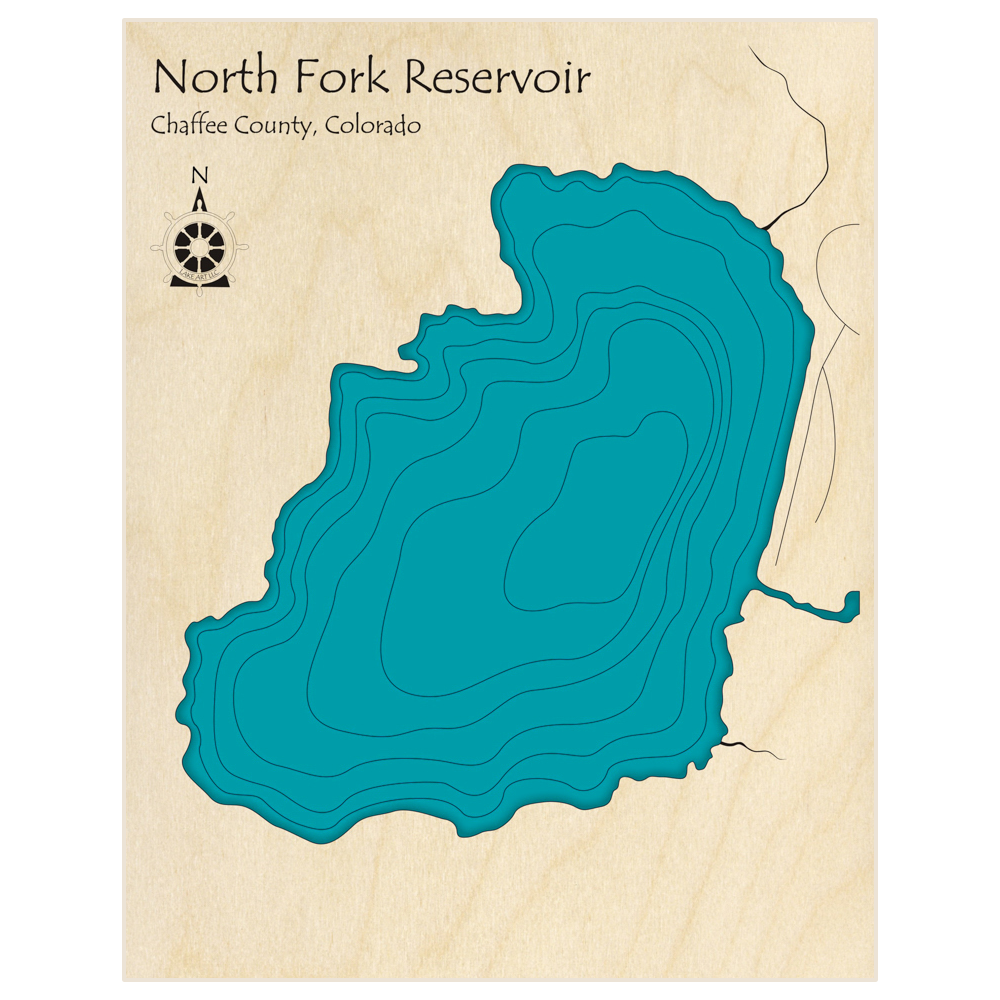 Bathymetric topo map of North Fork Reservoir  with roads, towns and depths noted in blue water