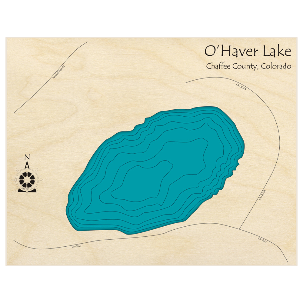 Bathymetric topo map of OHaver Lake  with roads, towns and depths noted in blue water