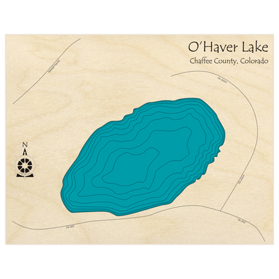Bathymetric topo map of OHaver Lake  with roads, towns and depths noted in blue water