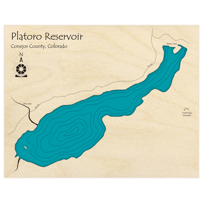 Bathymetric topo map of Platoro Reservoir  with roads, towns and depths noted in blue water