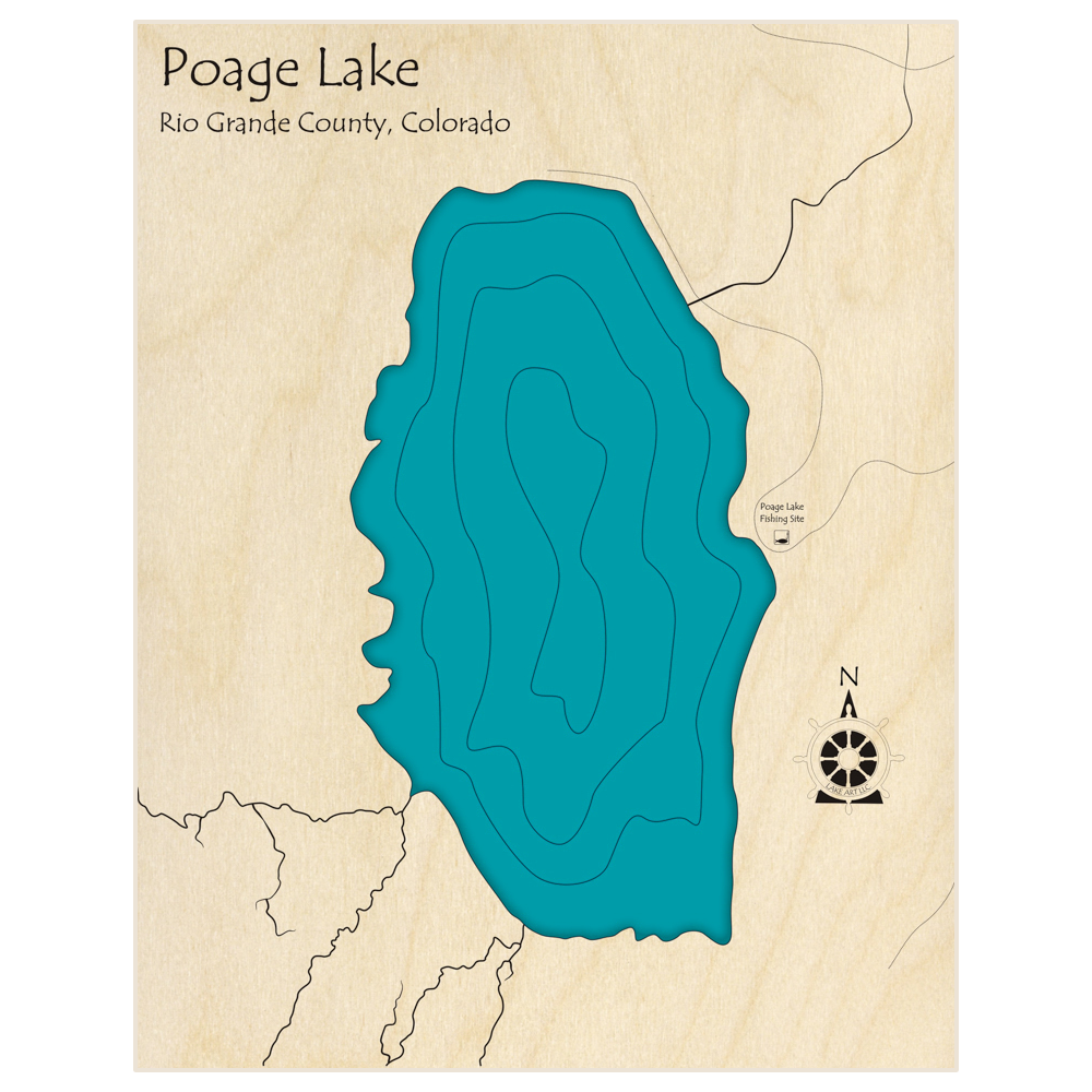 Bathymetric topo map of Poage Lake  with roads, towns and depths noted in blue water