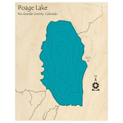 Bathymetric topo map of Poage Lake  with roads, towns and depths noted in blue water