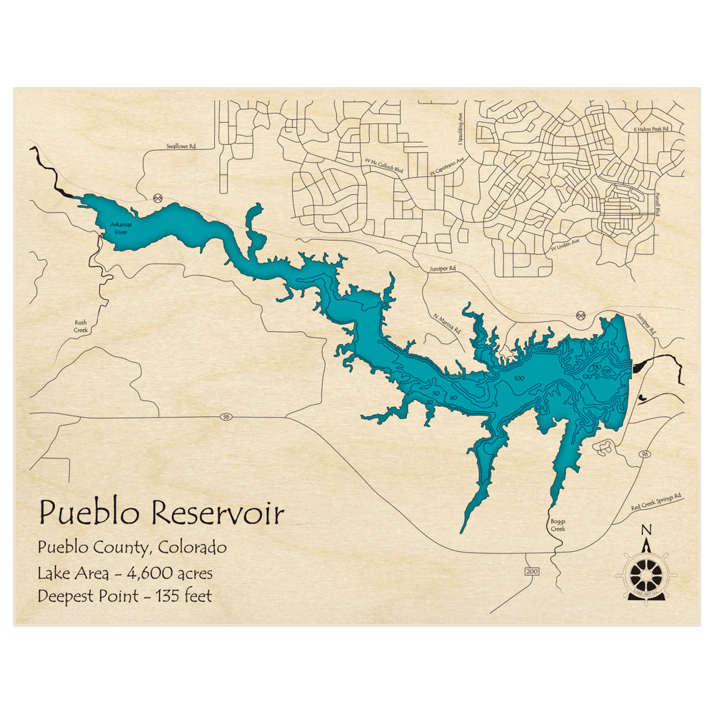 Bathymetric topo map of Pueblo Reservoir with roads, towns and depths noted in blue water