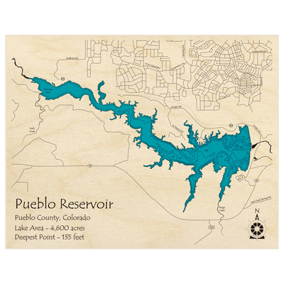 Bathymetric topo map of Pueblo Reservoir with roads, towns and depths noted in blue water