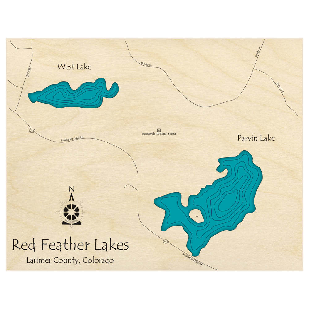 Red Feather Lakes 3D Custom Wood Map Lake Art LLC