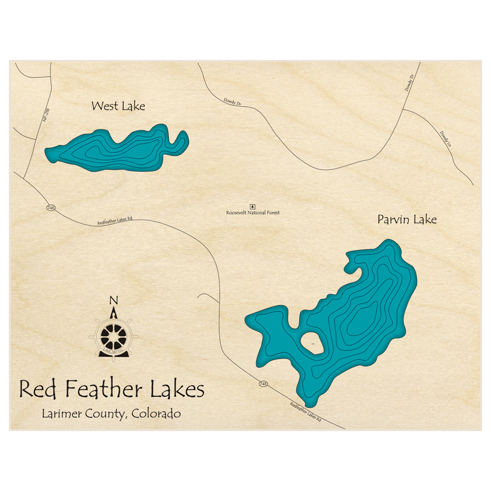 Bathymetric topo map of Red Feather Lakes (West and Parvin Lakes)  with roads, towns and depths noted in blue water