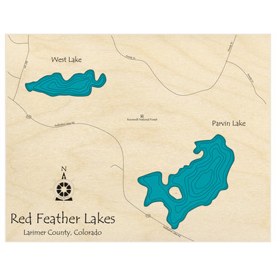Bathymetric topo map of Red Feather Lakes (West and Parvin Lakes)  with roads, towns and depths noted in blue water