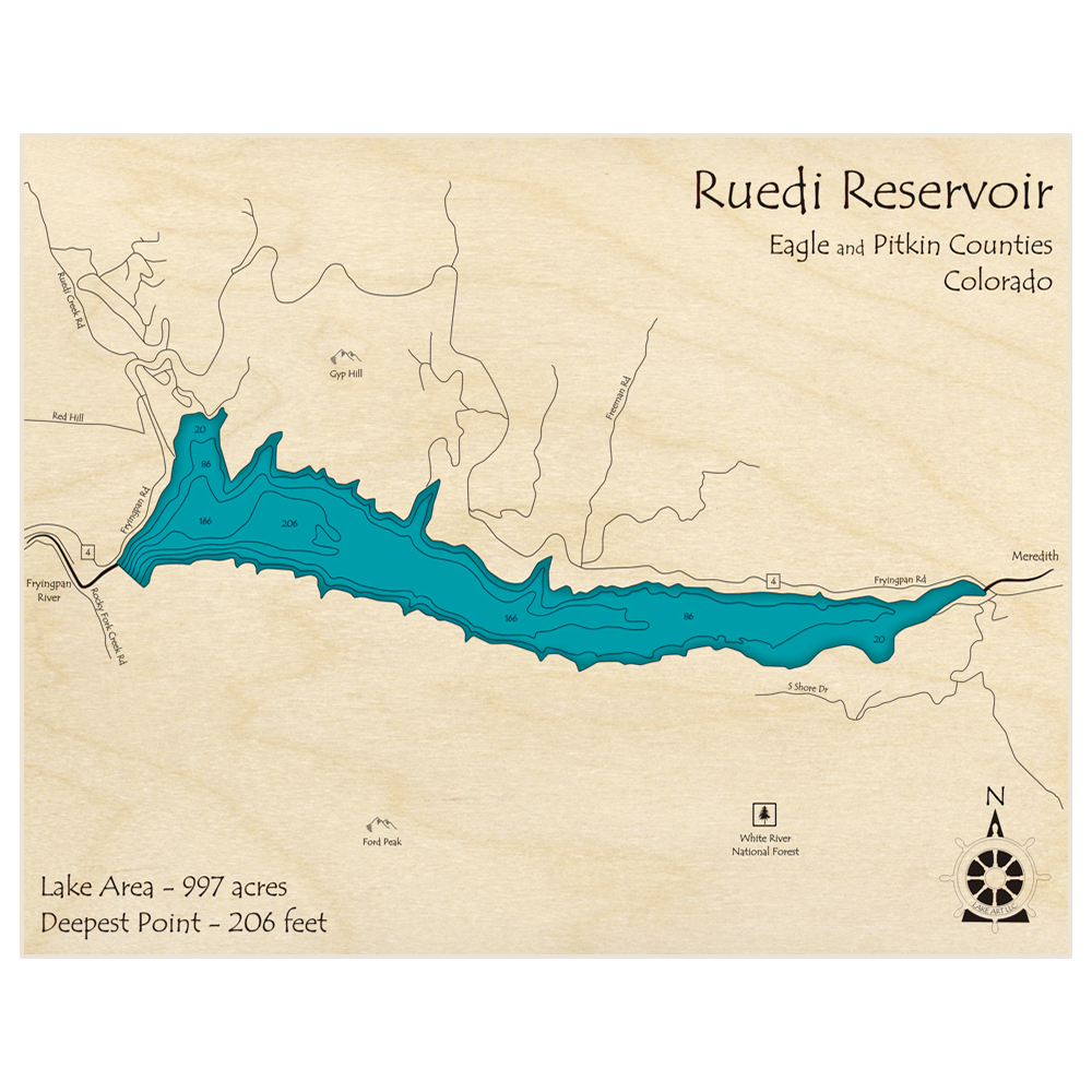 Bathymetric topo map of Ruedi Reservoir with roads, towns and depths noted in blue water