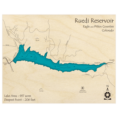 Bathymetric topo map of Ruedi Reservoir with roads, towns and depths noted in blue water