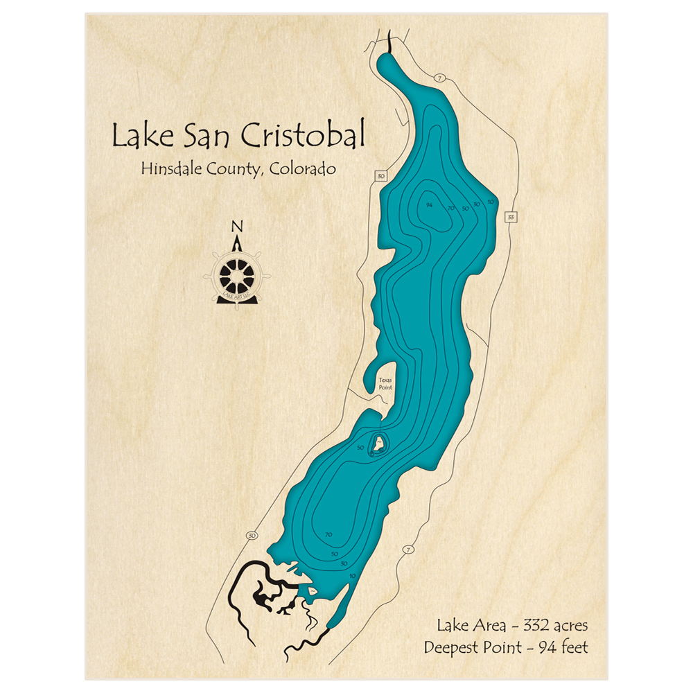 Bathymetric topo map of Lake San Cristobal with roads, towns and depths noted in blue water