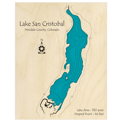 Bathymetric topo map of Lake San Cristobal with roads, towns and depths noted in blue water
