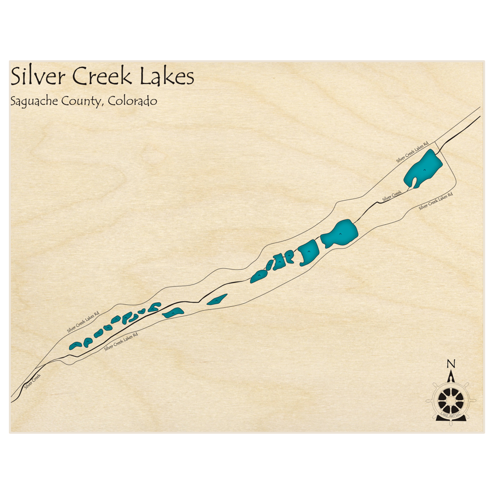 Bathymetric topo map of Silver Creek Lakes  with roads, towns and depths noted in blue water