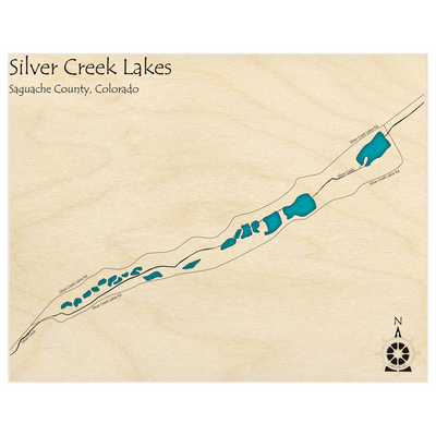 Bathymetric topo map of Silver Creek Lakes  with roads, towns and depths noted in blue water