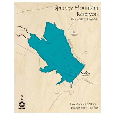 Bathymetric topo map of Spinney Mountain Reservoir with roads, towns and depths noted in blue water