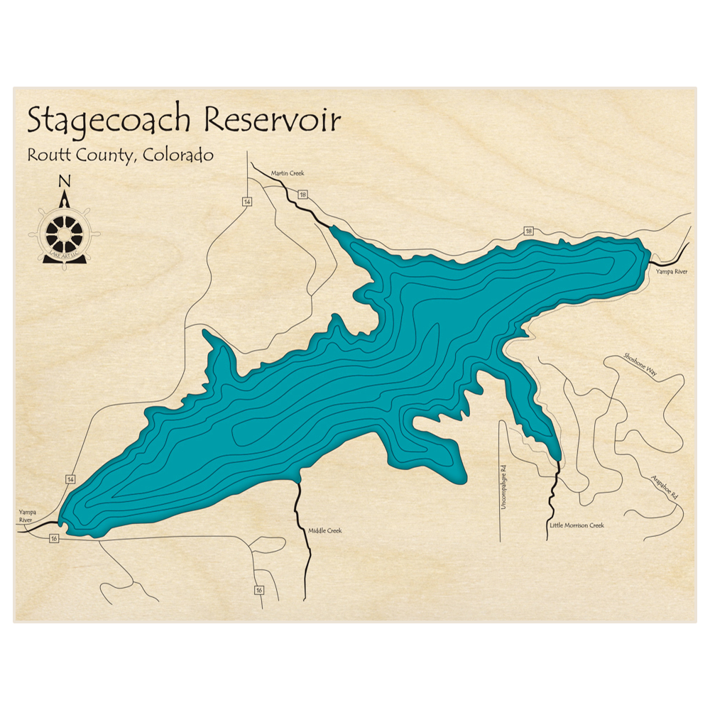 Bathymetric topo map of Stagecoach Reservoir  with roads, towns and depths noted in blue water