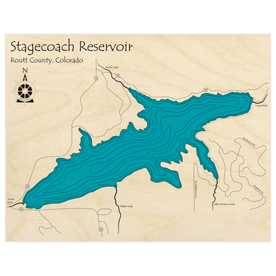Bathymetric topo map of Stagecoach Reservoir  with roads, towns and depths noted in blue water