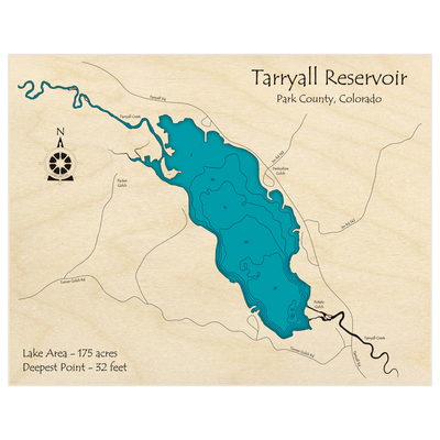 Bathymetric topo map of Tarryall Reservoir with roads, towns and depths noted in blue water