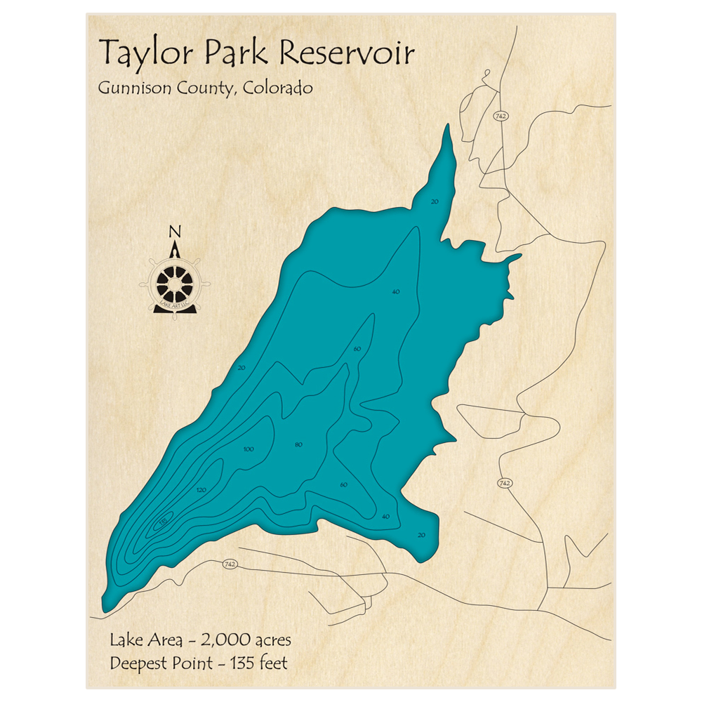 Bathymetric topo map of Taylor Park Reservoir with roads, towns and depths noted in blue water