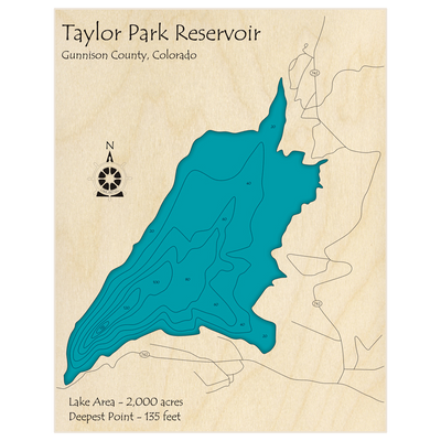 Bathymetric topo map of Taylor Park Reservoir with roads, towns and depths noted in blue water