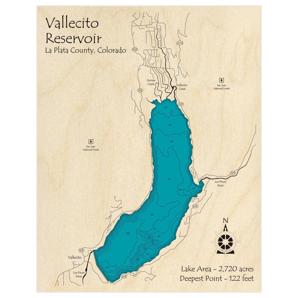 Bathymetric topo map of Vallecito Reservoir with roads, towns and depths noted in blue water