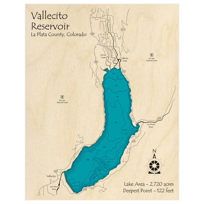 Bathymetric topo map of Vallecito Reservoir with roads, towns and depths noted in blue water