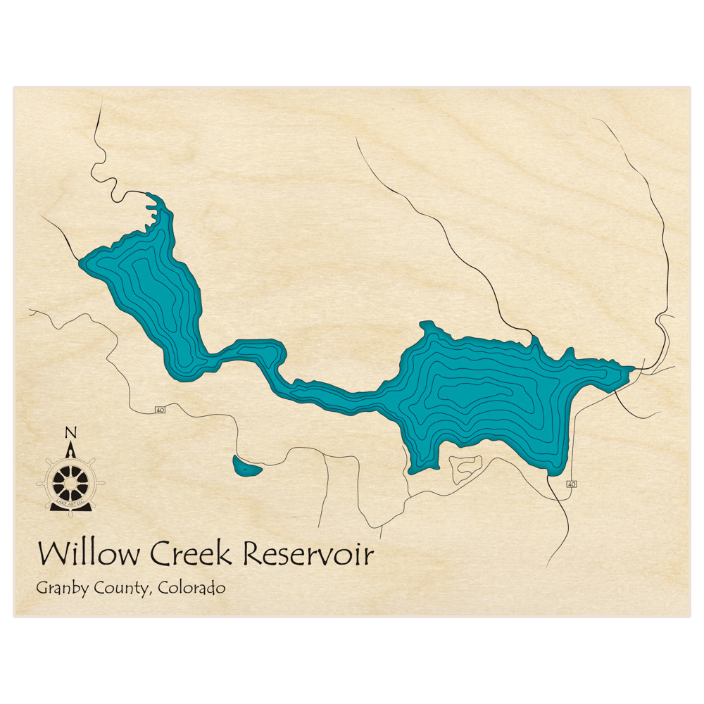 Bathymetric topo map of Willow Creek Reservoir  with roads, towns and depths noted in blue water