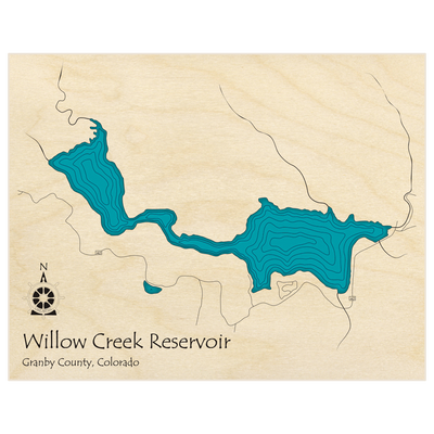 Bathymetric topo map of Willow Creek Reservoir  with roads, towns and depths noted in blue water