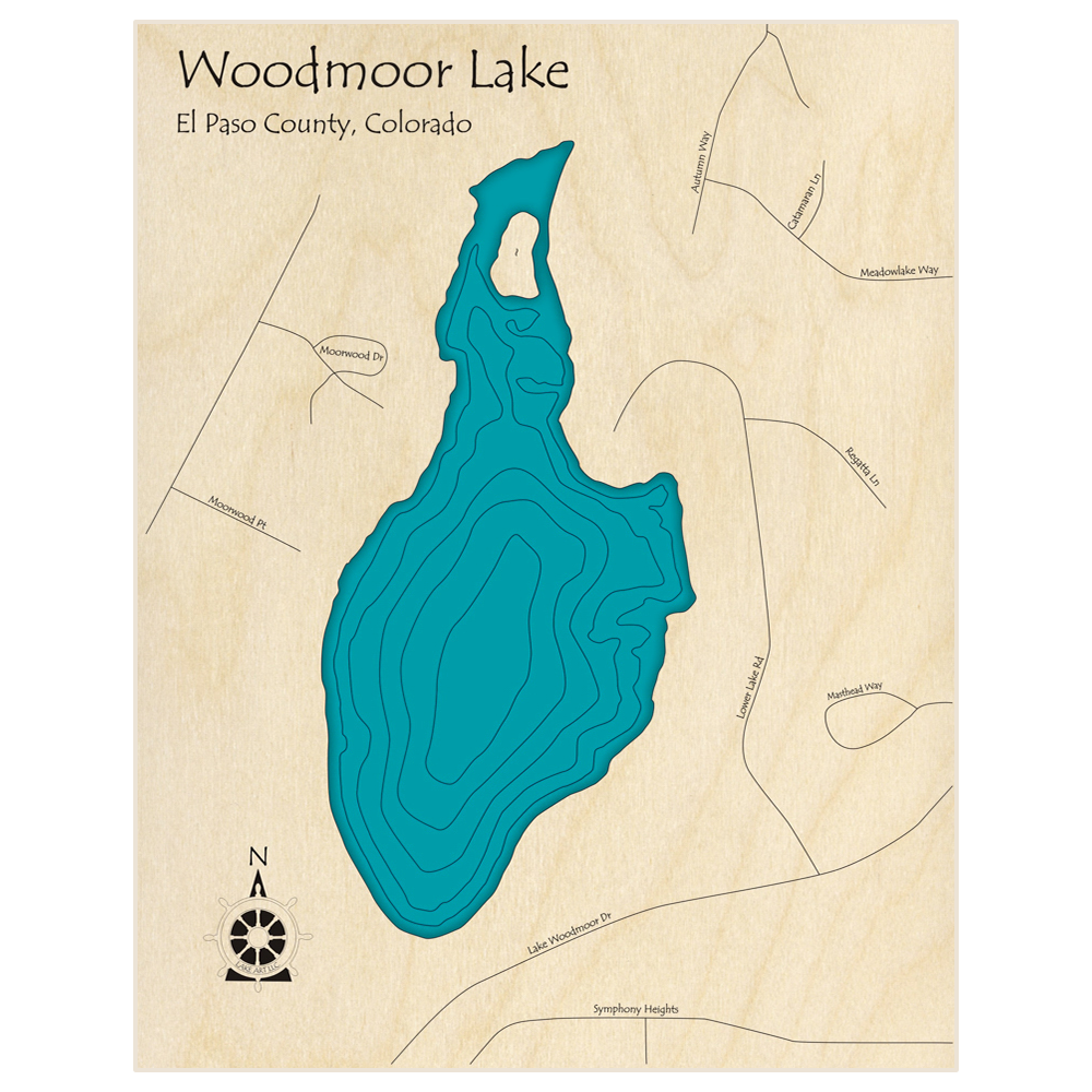 Bathymetric topo map of Woodmoor Lake * with roads, towns and depths noted in blue water