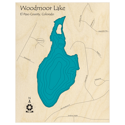 Bathymetric topo map of Woodmoor Lake * with roads, towns and depths noted in blue water