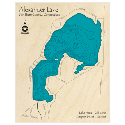 Bathymetric topo map of Alexander Lake with roads, towns and depths noted in blue water