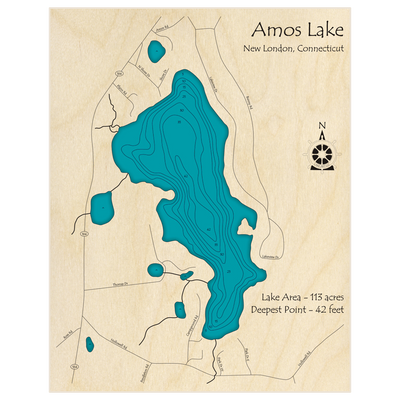 Bathymetric topo map of Amos Lake with roads, towns and depths noted in blue water