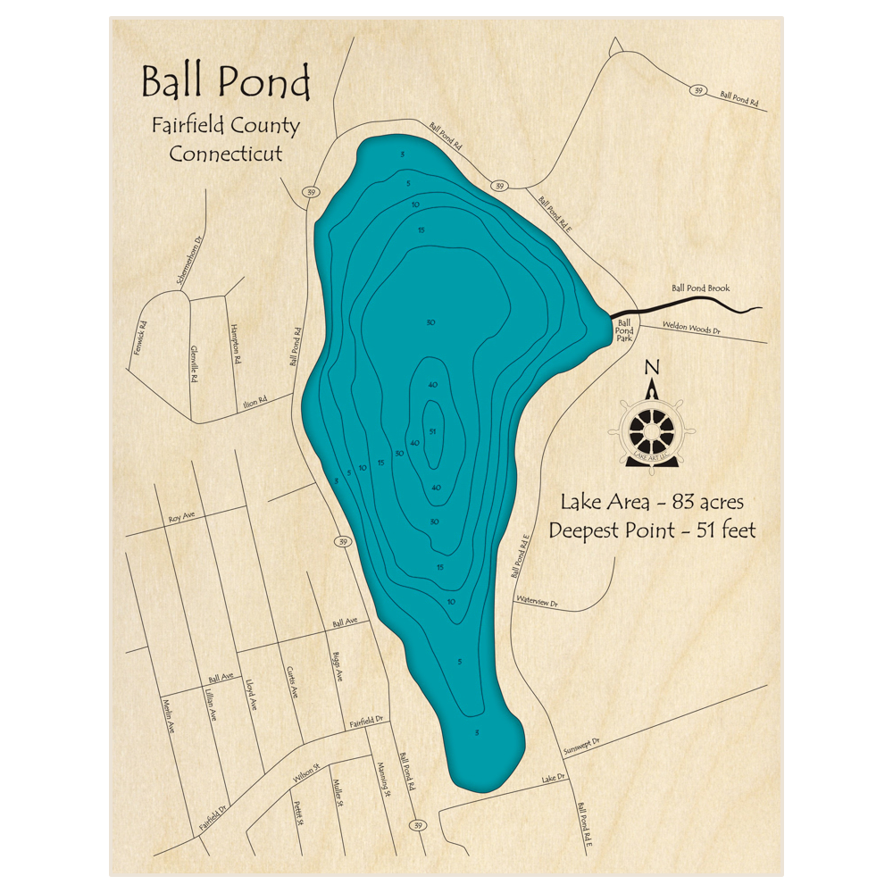 Bathymetric topo map of Ball Pond with roads, towns and depths noted in blue water